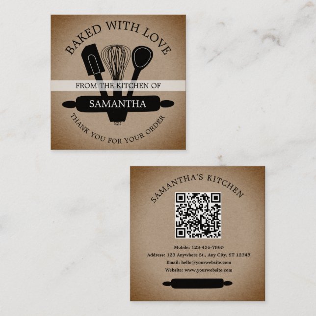 Rustic Kraft gebacken mit Liebe QR Code Vielen Dan Quadratische Visitenkarte (Vorne/Hinten)