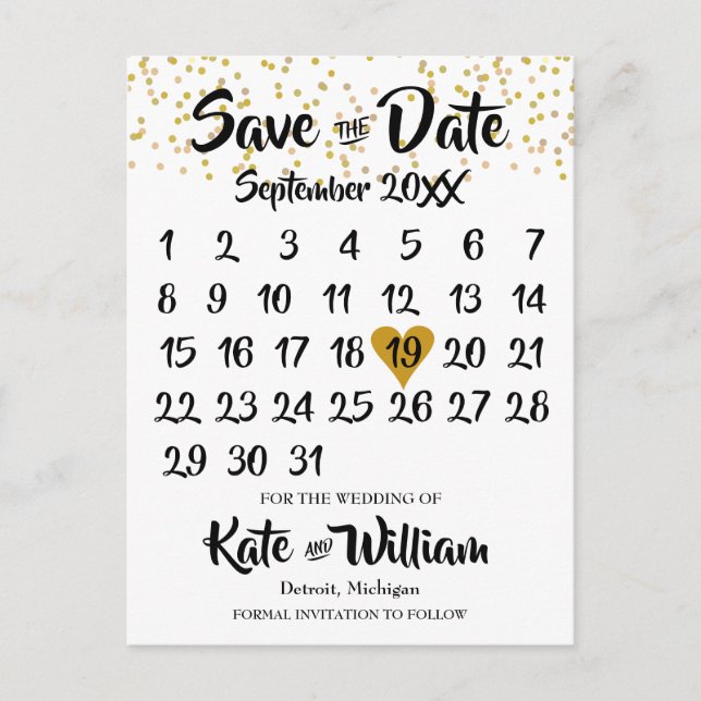 Rustic Kraft Gold Heart Calendar Save the Date Ankündigungspostkarte (Vorderseite)