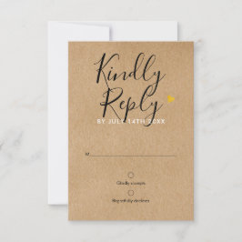Rustic Kraft Gold Heart Chic Script Wedding RSVP Karte
