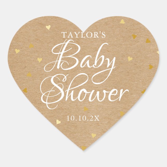 Rustic Kraft Gold Liebe Hört Babydusche Herz-Aufkleber (Vorderseite)