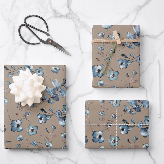 Rustic Kraft Hübsch Dusty Blue Small Flower Garden Geschenkpapier Set (Vorderseite)