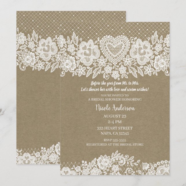 Rustic Kraft & Lace Bauernhof Brautparty Einladung (Vorne/Hinten)