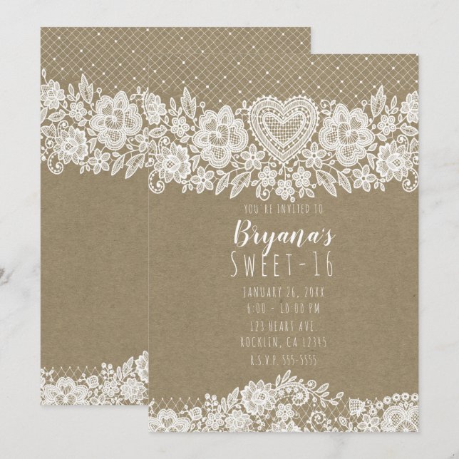 Rustic Kraft Lace Bauernhof Sweet 16 Birthday Einladung (Vorne/Hinten)