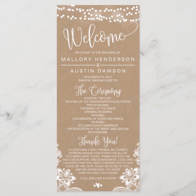 Rustic Kraft Lace Wedding Zeremony Program Programm (Vorderseite)