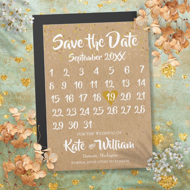Rustic Kraft Liebe Herzkalender Save the Date Magneteinladung (Rustic Kraft Love Heart Calendar Save the Date Magnetic Invitation)