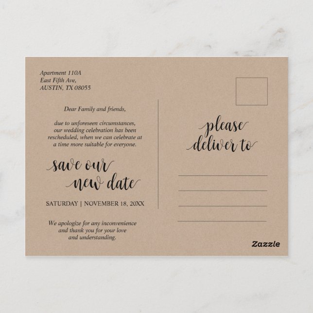 Rustic Kraft, Liebe ist geduldig, Hochzeit verscho Postkarte (Rückseite)