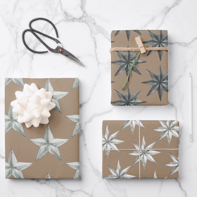 Rustic Kraft Metal Skandinavien Holiday Star Geschenkpapier Set (Vorderseite)