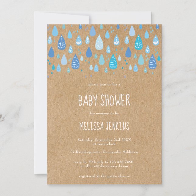 Rustic Kraft Niedlich Blue Raindrops Boy Baby Show Einladung (Vorderseite)