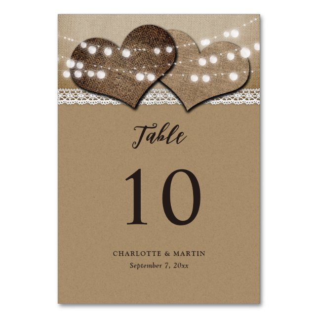 Rustic Kraft Paper Burlap Hearts Country Wedding Tischnummer (Vorderseite)