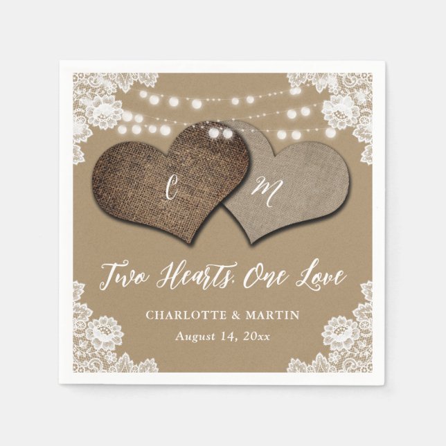 Rustic Kraft Paper Burlap Lace Monogram Wedding Serviette (Vorderseite)