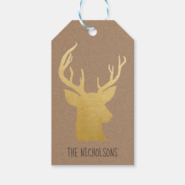 Rustic Kraft Paper Christmas Gold Rentier Geschenkanhänger (Vorderseite)