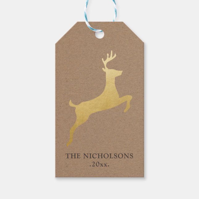 Rustic Kraft Paper Christmas Gold Rentier Geschenkanhänger (Vorderseite)