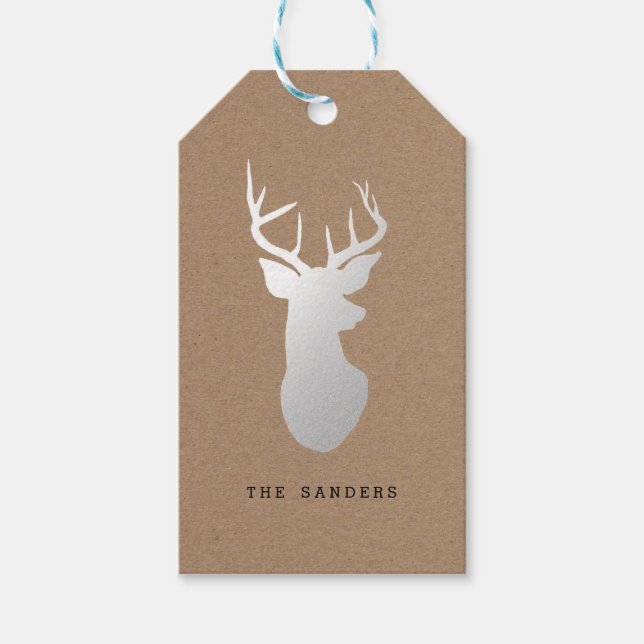 Rustic Kraft Paper Christmas Silver Rentier Geschenkanhänger (Vorderseite)