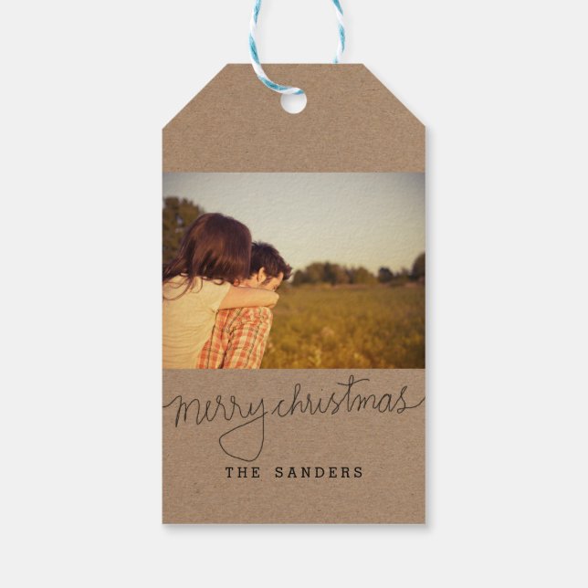 Rustic Kraft Paper Frohe Weihnachtsschrift Foto Geschenkanhänger (Rückseite)