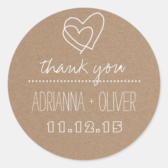 Rustic Kraft Paper| Heart Wedding Danke Runder Aufkleber (Vorderseite)