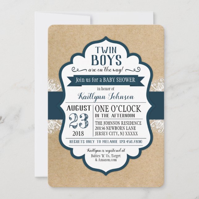 Rustic Kraft Paper Lace Navy Baby Dusche Einladung (Vorderseite)