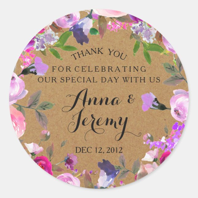 Rustic Kraft Paper Lila Floral Wedger Sticker (Vorderseite)