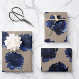 Rustic Kraft Paper Navy Blue Peongs Geschenkpapier Set