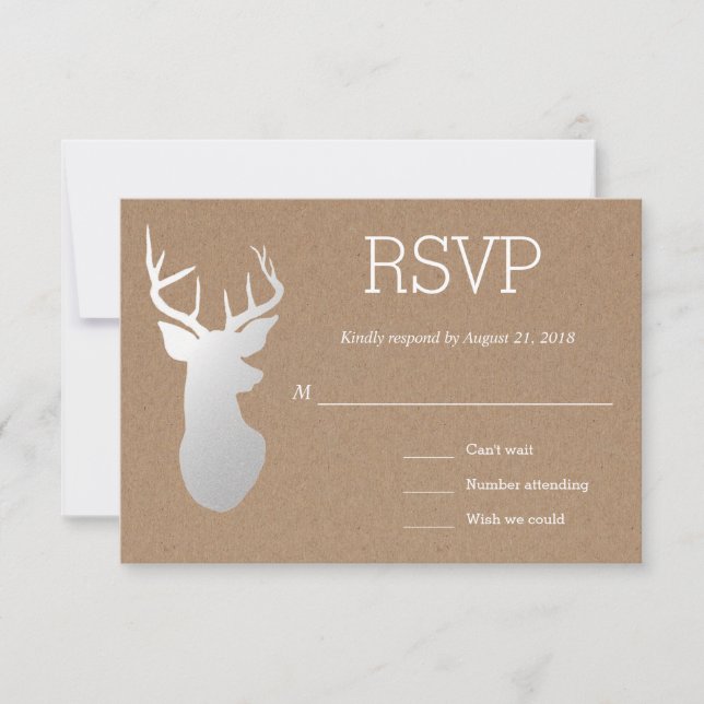 Rustic Kraft Paper Silver Antler Wedding RSVP Karte (Vorderseite)