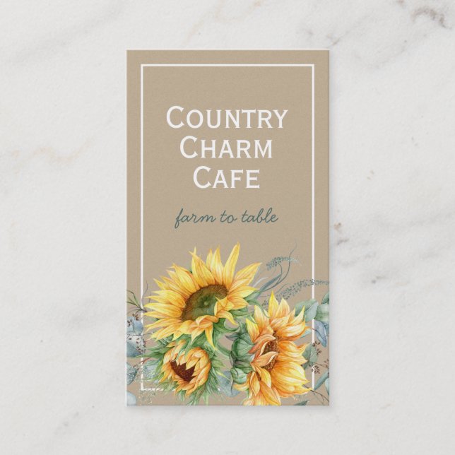 Rustic Kraft Paper Watercolor Sonnenblumenblume Visitenkarte (Vorderseite)
