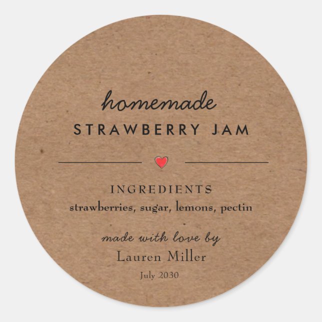 Rustic Kraft Papier Homemade Jam Jar Runder Aufkleber (Vorderseite)