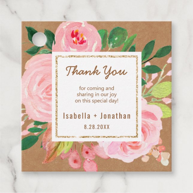 Rustic Kraft Pink Peonies Floral Wedding Vielen Da Geschenkanhänger (Vorderseite)