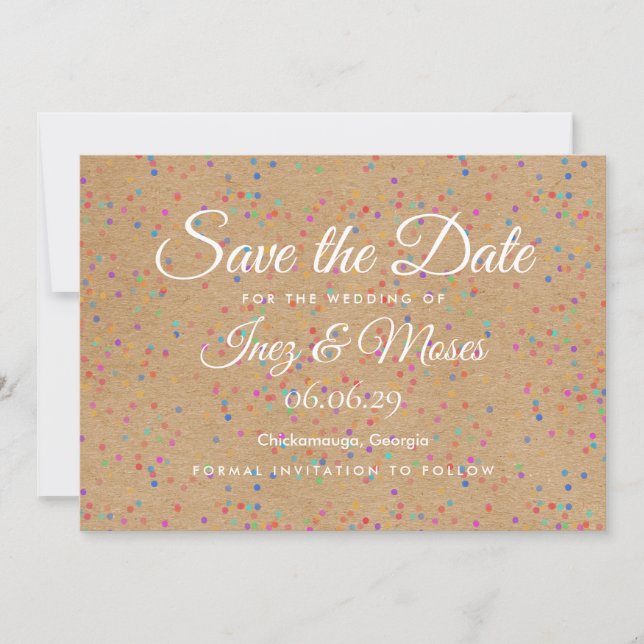 Rustic Kraft Rainbow Confetti Save the Date (Vorderseite)