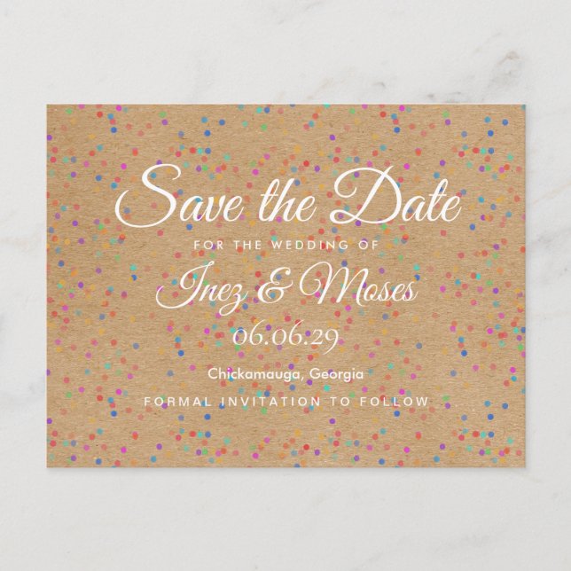 Rustic Kraft Rainbow Confetti Save the Date Ankündigungspostkarte (Vorderseite)