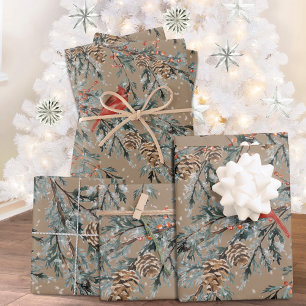 Rustic Kraft Red Kardinal Juniper Branches Berries Geschenkpapier Set