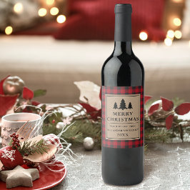 Rustic Kraft Red Kariert Pines Frohe Weihnachten Weinetikett