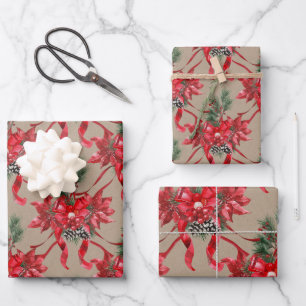 Rustic Kraft Red Poinsettias Ribbons Bows Lattice Geschenkpapier Set
