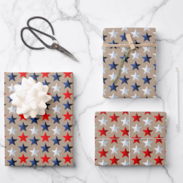 Rustic Kraft Red White & Blue US Flag Stars Geschenkpapier Set