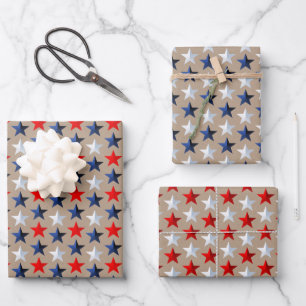 Rustic Kraft Red White & Blue US Flag Stars Geschenkpapier Set