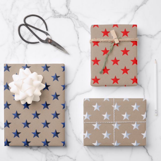 Rustic Kraft Red White & Blue US Flag Stars Geschenkpapier Set (Vorderseite)