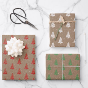 Rustic Kraft Red White Green Snowy Weihnachtsbaume Geschenkpapier Set