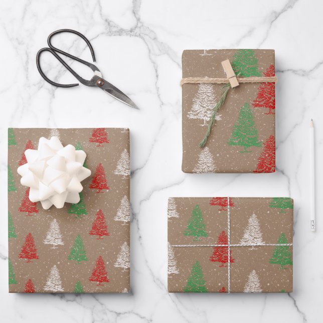 Rustic Kraft Red White Green Snowy Weihnachtsbaume Geschenkpapier Set (Vorderseite)