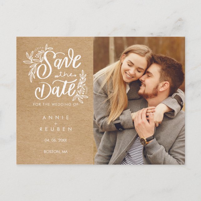 Rustic Kraft Save the Date Foto Handschrift Postkarte (Vorderseite)