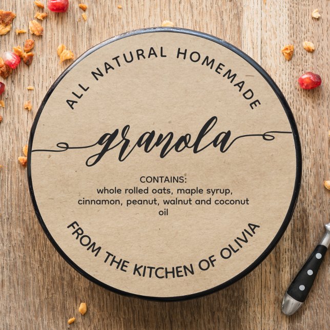 Rustic kraft Script Homemade Granola Label Runder Aufkleber (Von Creator hochgeladen)