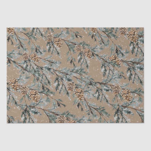 Rustic Kraft Snowy Blue Juniper Branchen & Cones Seidenpapier (Vorderseite)