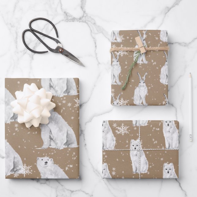 Rustic Kraft Snowy Winter Arctic Animals Matte Geschenkpapier Set (Vorderseite)