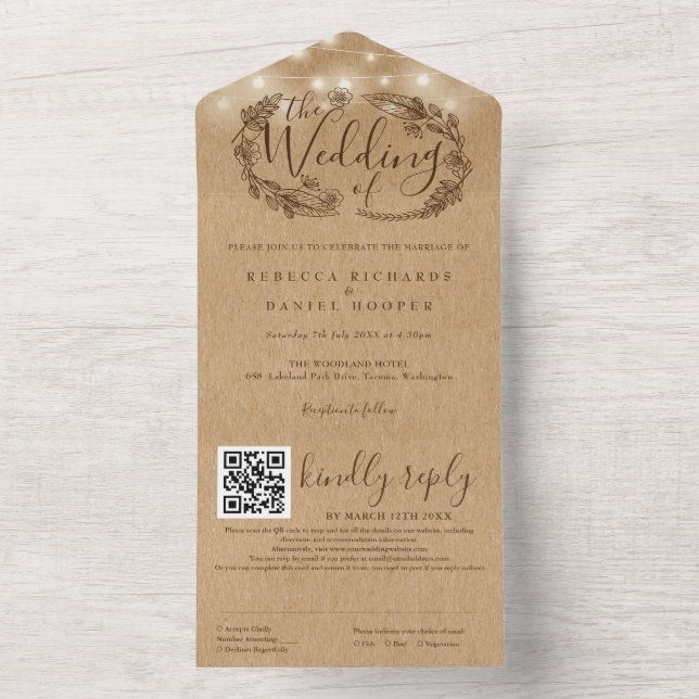 Rustic Kraft String Lights QR Code Wedding All In One Einladung (Innen Boden)