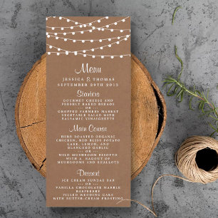 Rustic Kraft String Lights Wedding Menu Werbekarte