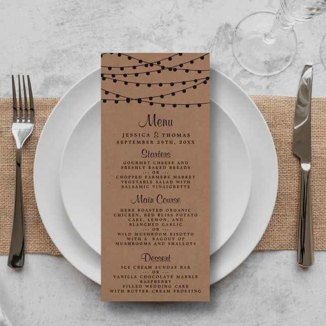 Rustic Kraft String Lights Wedding Menu Werbekarte (Von Creator hochgeladen)