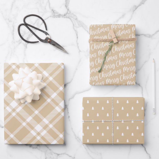Rustic Kraft Tartan Kariert Frohe Weihnachtsmuster Geschenkpapier Set (Vorderseite)