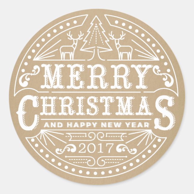 Rustic Kraft Typografie Frohe Weihnachtsaufkleber Runder Aufkleber (Vorderseite)