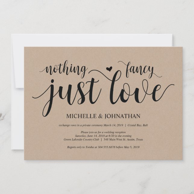Rustic Kraft Wedding Elopement Empfang lädt ein Einladung (Vorderseite)
