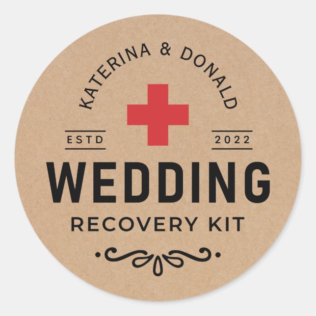 Rustic Kraft Wedding Hangover Erholung Kit Klasse Runder Aufkleber (Vorderseite)