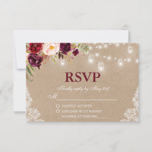 Rustic Kraft Wedding Jar Lights Lace Floral UAWG RSVP Karte