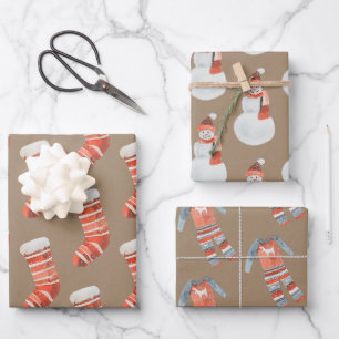 Rustic Kraft Weihnachts-Strümpfe Snowmen & Jammie Geschenkpapier Set