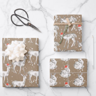 Rustic Kraft White Baby Doe Reindeers Weihnachtsma Geschenkpapier Set